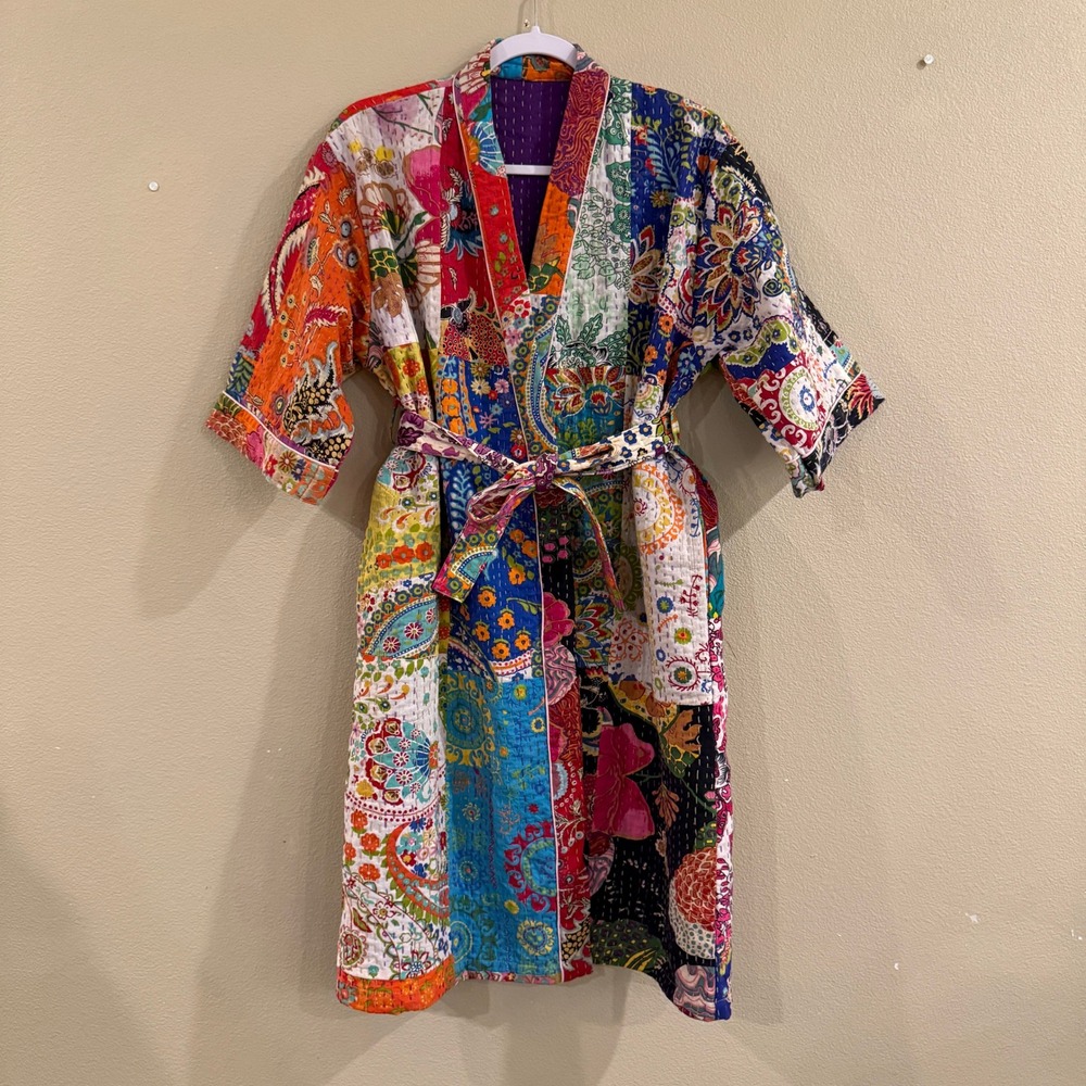 Handmade Kantha Quilt Robe Women OS Multi Patchwork Cotton Kimono Jacket Boho - Picture 2 of 13